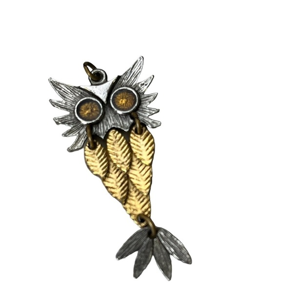 VINTAGE Owl Charm Necklace Pendent Silver Gold Dangle - Picture 2 of 5